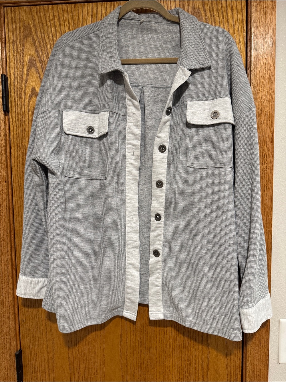 Light Gray Waffle-Knit Button Shacket